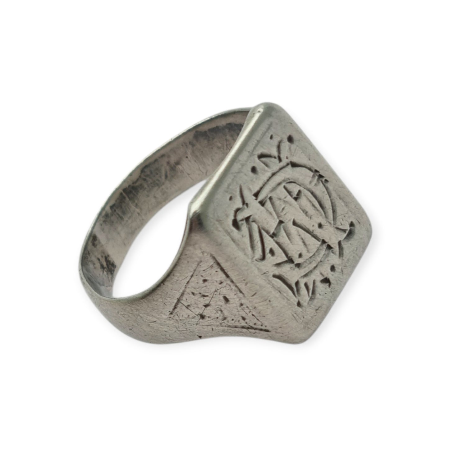Antique Art Deco Silver Signet Ring with Engraved Monogram Geometric Design Circa 1940