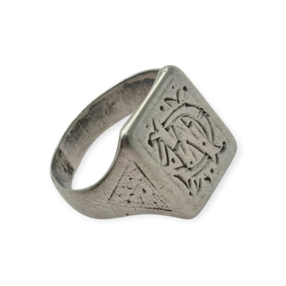 Antique Art Deco Silver Signet Ring with Engraved Monogram Geometric Design Circa 1940