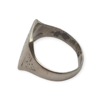 Antique Art Deco Silver Signet Ring with Engraved Monogram Geometric Design Circa 1940