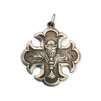 Antique religious First Communion medal in silver with chalice, wheat ears and 1895 inscription
