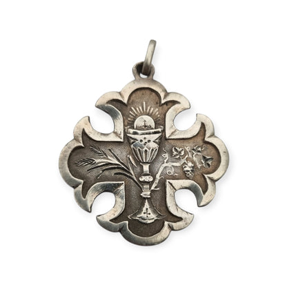 Antique religious First Communion medal in silver with chalice, wheat ears and 1895 inscription