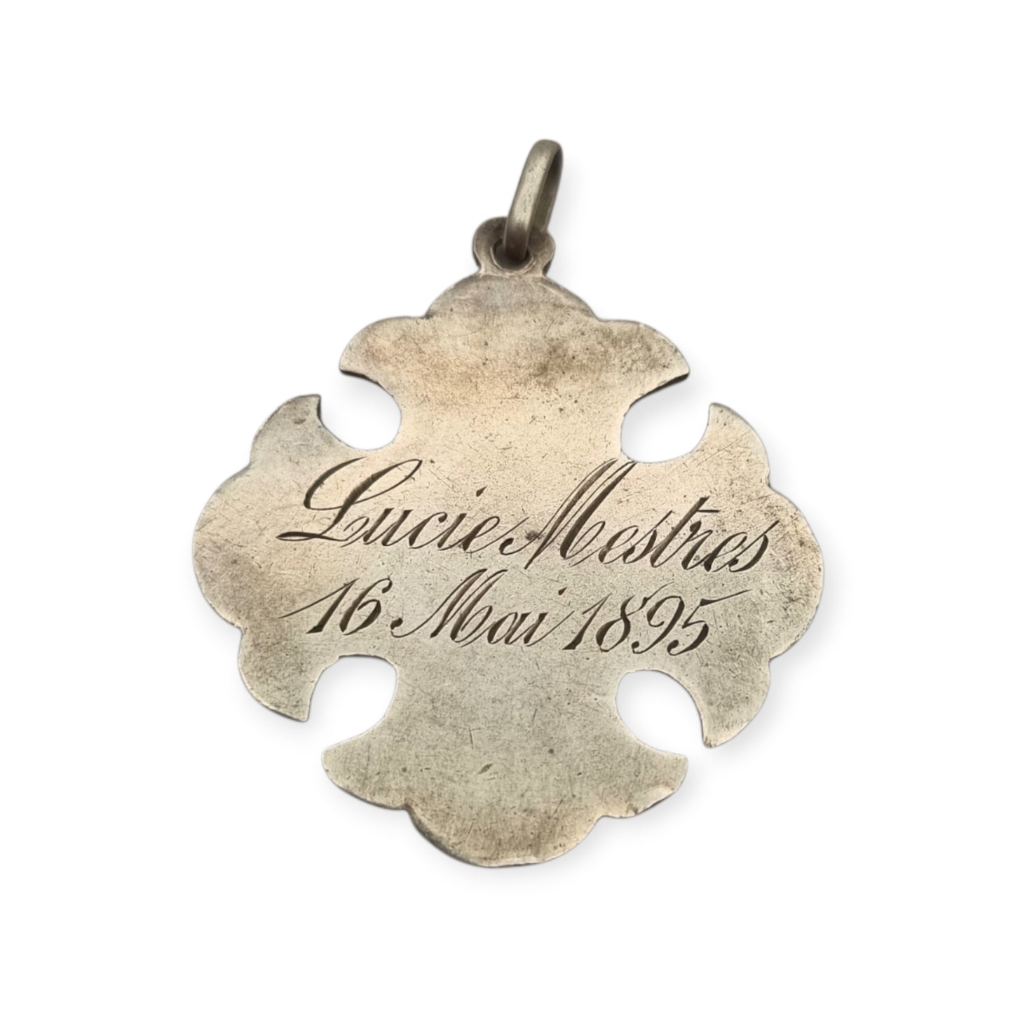 Antique religious First Communion medal in silver with chalice, wheat ears and 1895 inscription