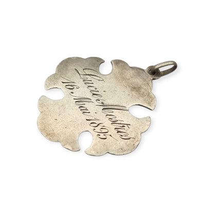 Antique religious First Communion medal in silver with chalice, wheat ears and 1895 inscription