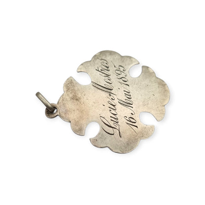Antique religious First Communion medal in silver with chalice, wheat ears and 1895 inscription