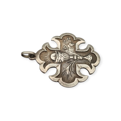Antique religious First Communion medal in silver with chalice, wheat ears and 1895 inscription