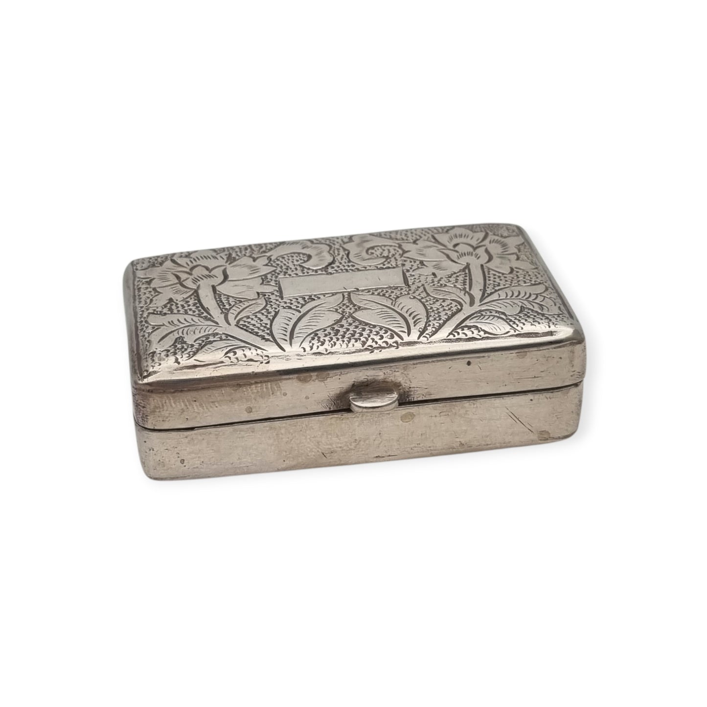 Caja rectangular antigua de plata grabada con decoración floral, Europa siglo XX