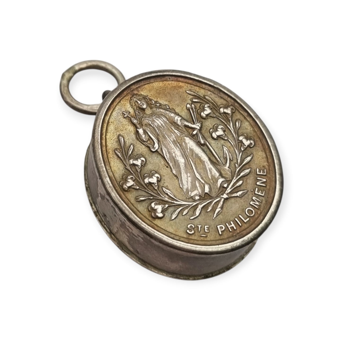 Antique Devotional Silver Reliquary of Saint Philomena with Original Sealed Relic circa 1900