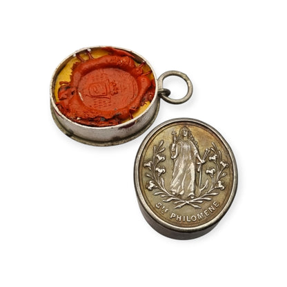 Antique Devotional Silver Reliquary of Saint Philomena with Original Sealed Relic circa 1900