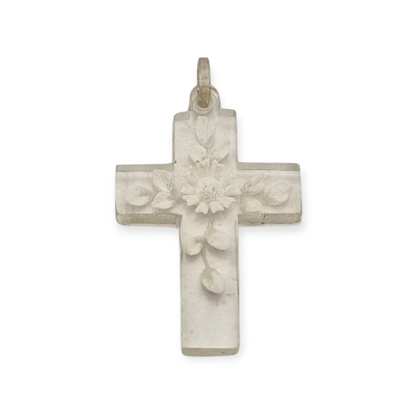 French Vintage Clear Lucite Hanging Cross with Floral Etching, Religious Jewelry circa 1930s-1950s