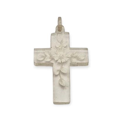 French Vintage Clear Lucite Hanging Cross with Floral Etching, Religious Jewelry circa 1930s-1950s