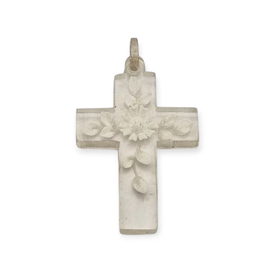 Cruz colgante de lucita transparente con grabado floral, joyas religiosas vintage francesas circa 1930-1950