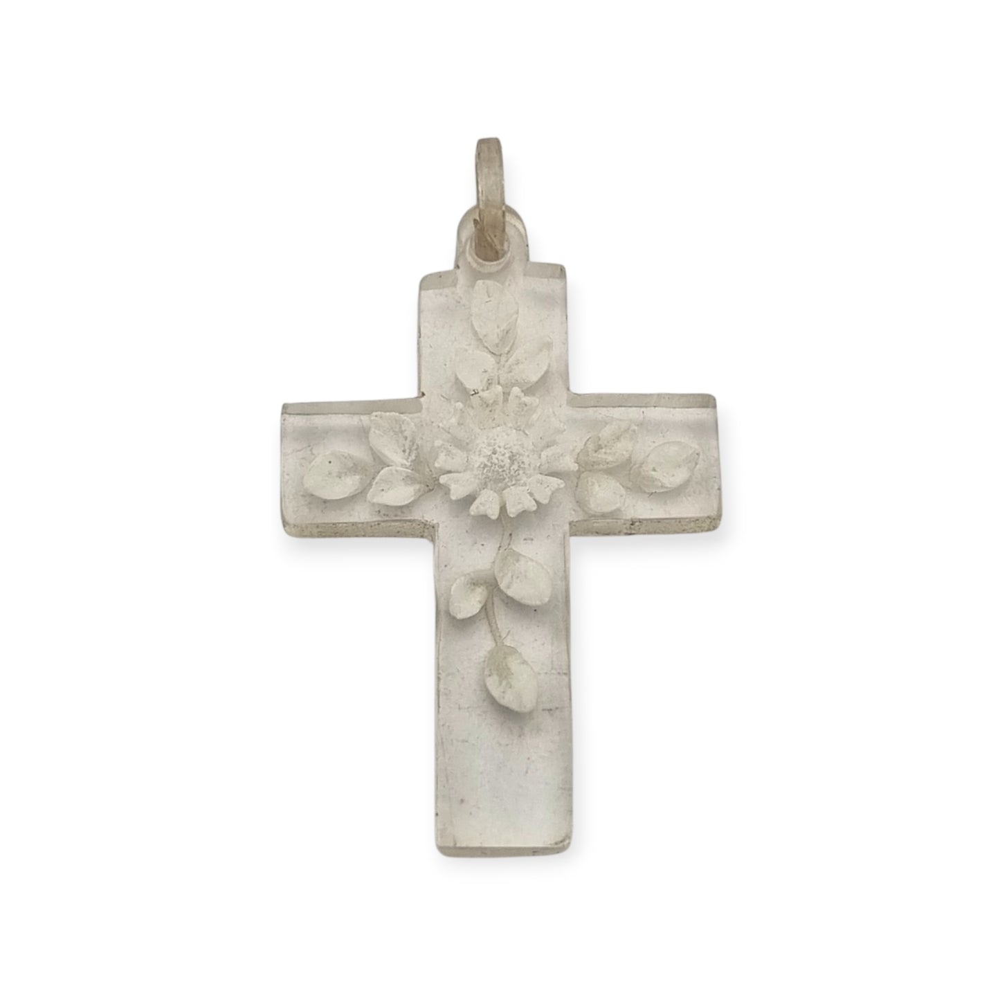 French Vintage Clear Lucite Hanging Cross with Floral Etching, Religious Jewelry circa 1930s-1950s