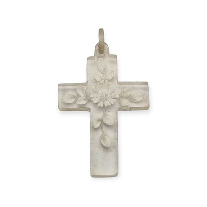 French Vintage Clear Lucite Hanging Cross with Floral Etching, Religious Jewelry circa 1930s-1950s