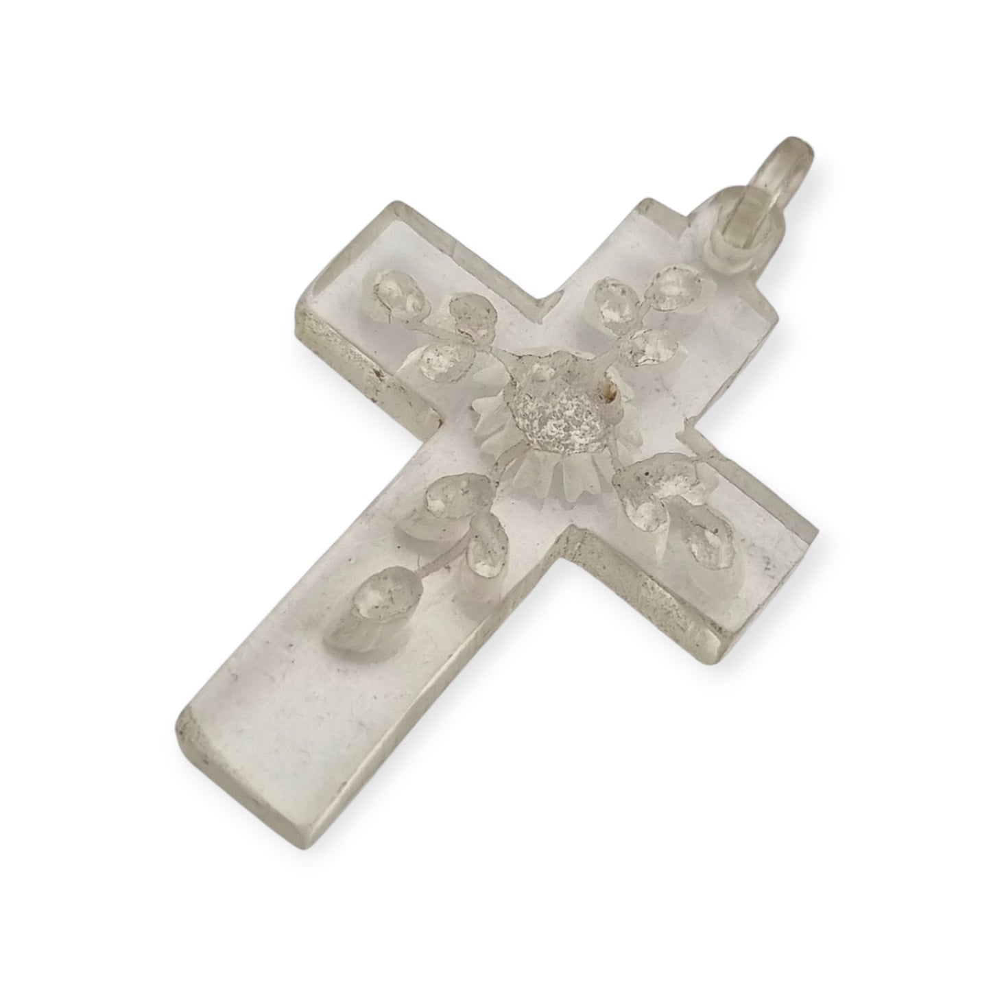 French Vintage Clear Lucite Hanging Cross with Floral Etching, Religious Jewelry circa 1930s-1950s