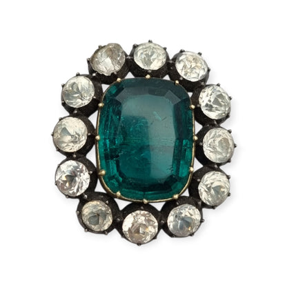 Antique Victorian silver, gold, and green and white paste brooch, inspired by the aesthetics of Queen Victoria's jewelry. Europe, circa 1890