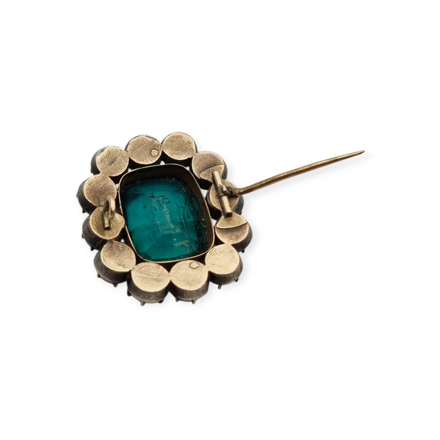 Antique Victorian silver, gold, and green and white paste brooch, inspired by the aesthetics of Queen Victoria's jewelry. Europe, circa 1890