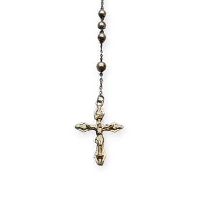 Rosario de plata 800 italiano con crucifijo, cuentas esféricas, joya religiosa vintage, circa 1960