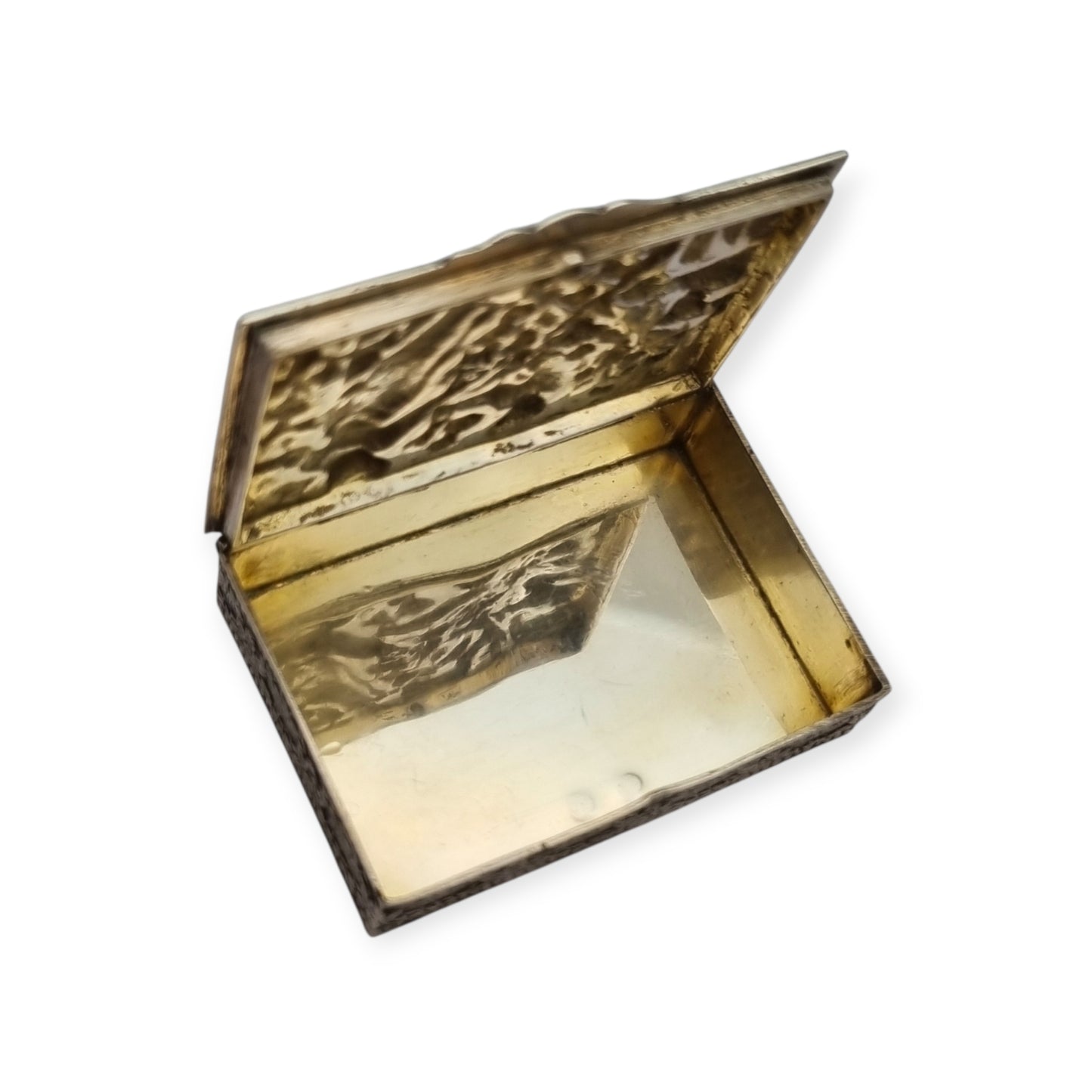 Spanish sterling silver collection box with a vintage scene in relief, vermeil interior, circa 1950