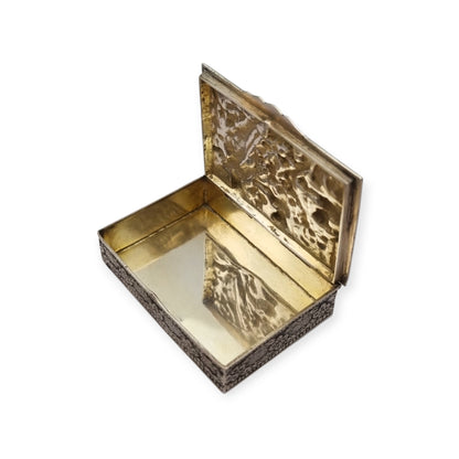 Spanish sterling silver collection box with a vintage scene in relief, vermeil interior, circa 1950