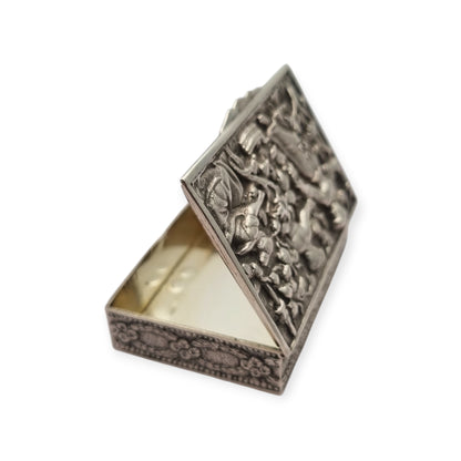 Spanish sterling silver collection box with a vintage scene in relief, vermeil interior, circa 1950