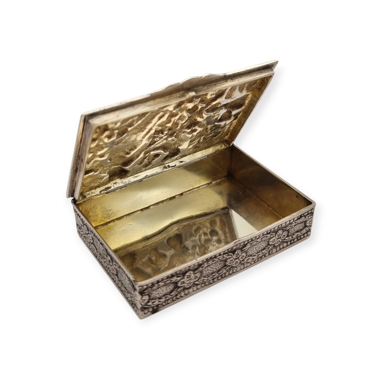 Spanish sterling silver collection box with a vintage scene in relief, vermeil interior, circa 1950