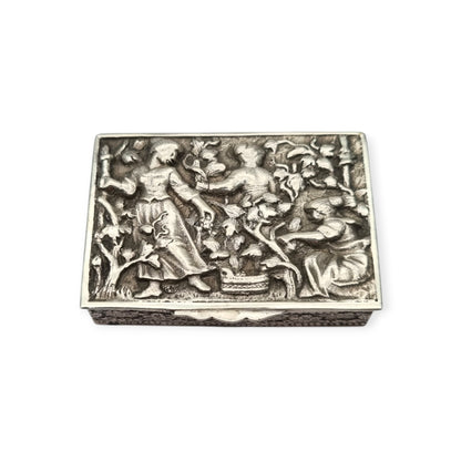 Spanish sterling silver collection box with a vintage scene in relief, vermeil interior, circa 1950