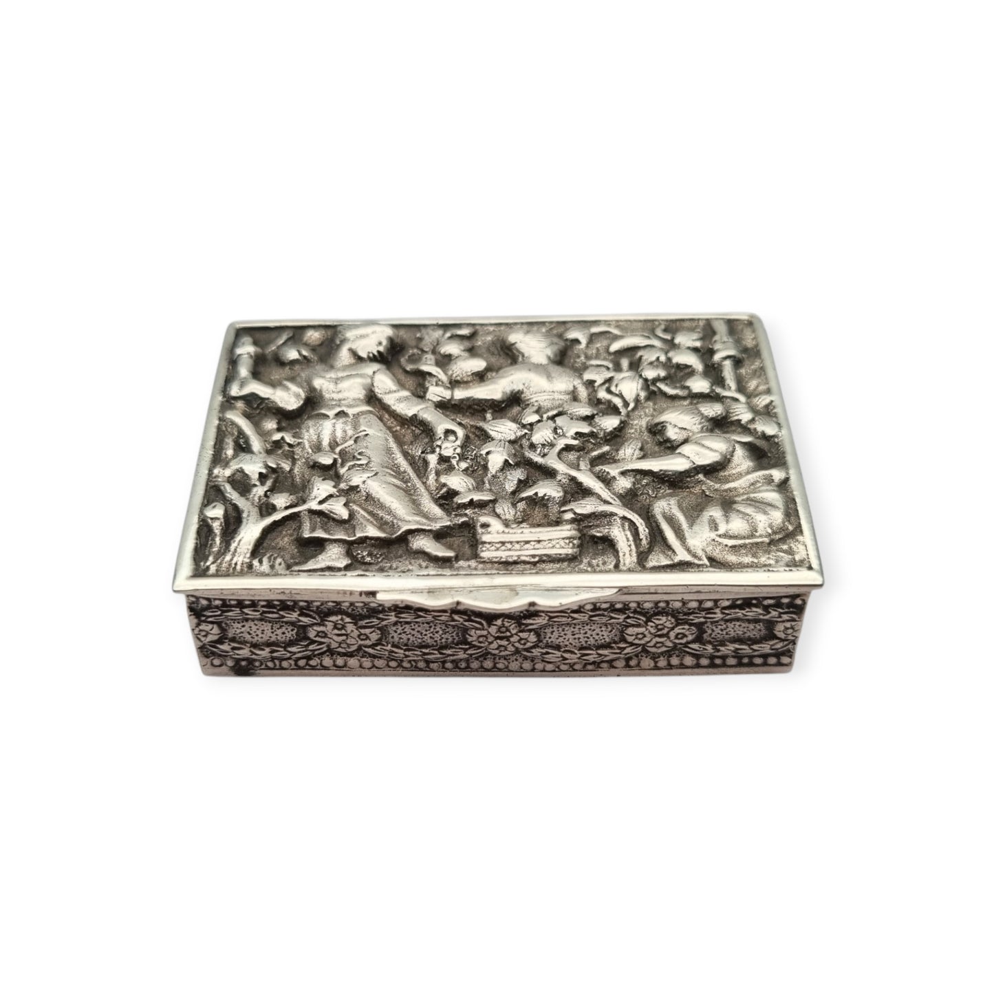 Spanish sterling silver collection box with a vintage scene in relief, vermeil interior, circa 1950