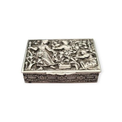 Spanish sterling silver collection box with a vintage scene in relief, vermeil interior, circa 1950