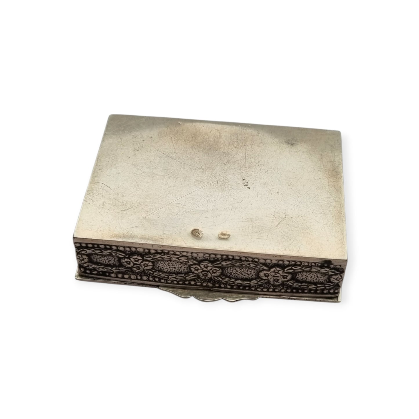 Spanish sterling silver collection box with a vintage scene in relief, vermeil interior, circa 1950