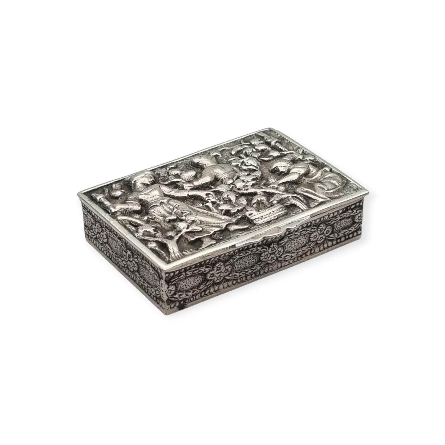 Spanish sterling silver collection box with a vintage scene in relief, vermeil interior, circa 1950