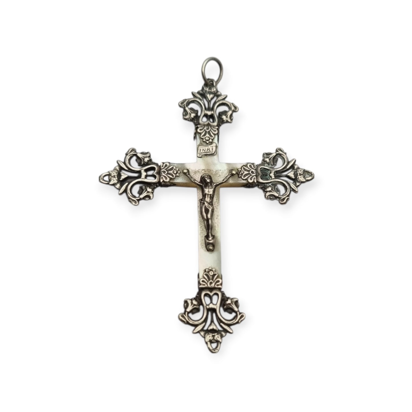 Antique Modernist silver and mother-of-pearl crucifix, Neo-Gothic style, with inscription "22 Mai 1910"
