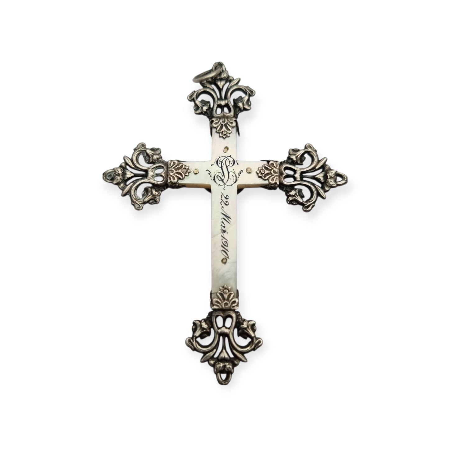 Antique Modernist silver and mother-of-pearl crucifix, Neo-Gothic style, with inscription "22 Mai 1910"