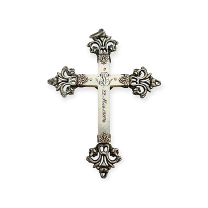 Antique Modernist silver and mother-of-pearl crucifix, Neo-Gothic style, with inscription "22 Mai 1910"