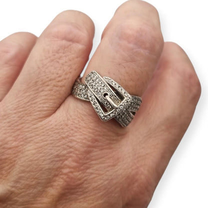 Anillo Vintage hebilla de plata de ley 925 con pavé de piedras estilo contemporáneo, siglo XX