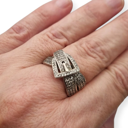 Anillo Vintage hebilla de plata de ley 925 con pavé de piedras estilo contemporáneo, siglo XX
