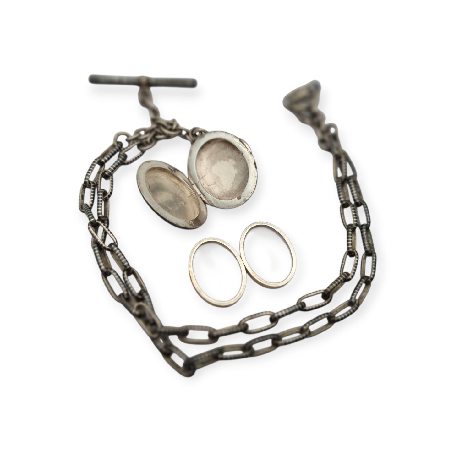 Antigua Cadena Albert completa de plata nielada para reloj de bolsillo con guardapelo monogramado  circa 1890