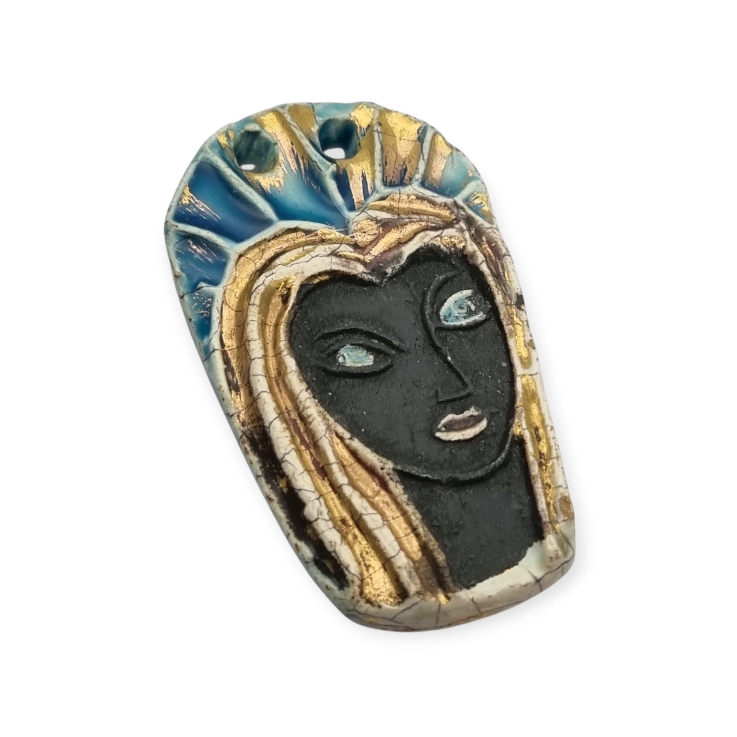 Handmade ceramic pendant with a Modernist Marian bust, enameled piece with golden highlights, European, 1960–1980s