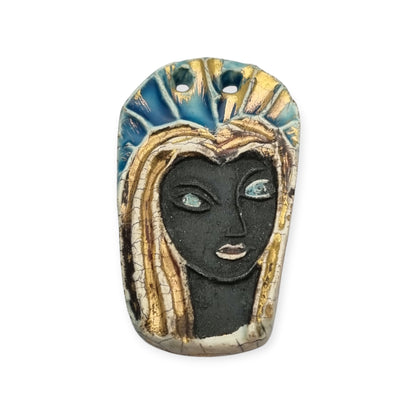 Handmade ceramic pendant with a Modernist Marian bust, enameled piece with golden highlights, European, 1960–1980s