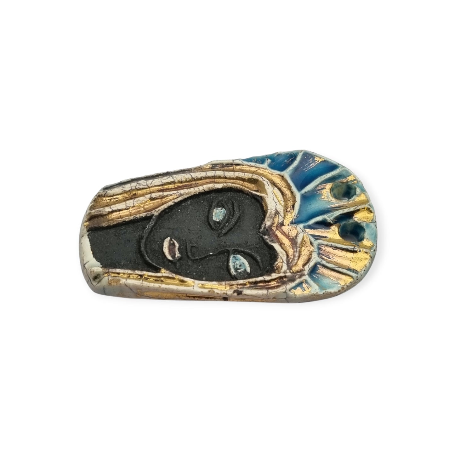 Handmade ceramic pendant with a Modernist Marian bust, enameled piece with golden highlights, European, 1960–1980s