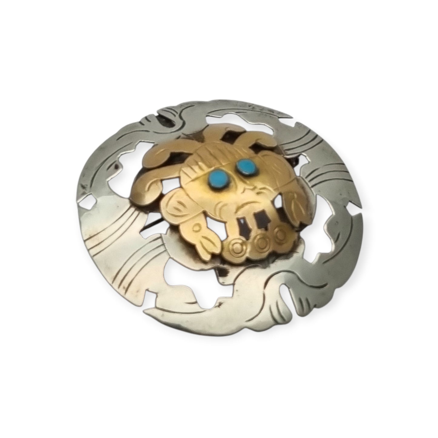 Peruvian 925 silver and 18K gold pendant brooch with pre-Columbian mask and turquoise cabochons, circa 1965–1975