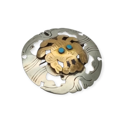 Peruvian 925 silver and 18K gold pendant brooch with pre-Columbian mask and turquoise cabochons, circa 1965–1975