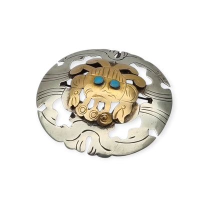 Peruvian 925 silver and 18K gold pendant brooch with pre-Columbian mask and turquoise cabochons, circa 1965–1975