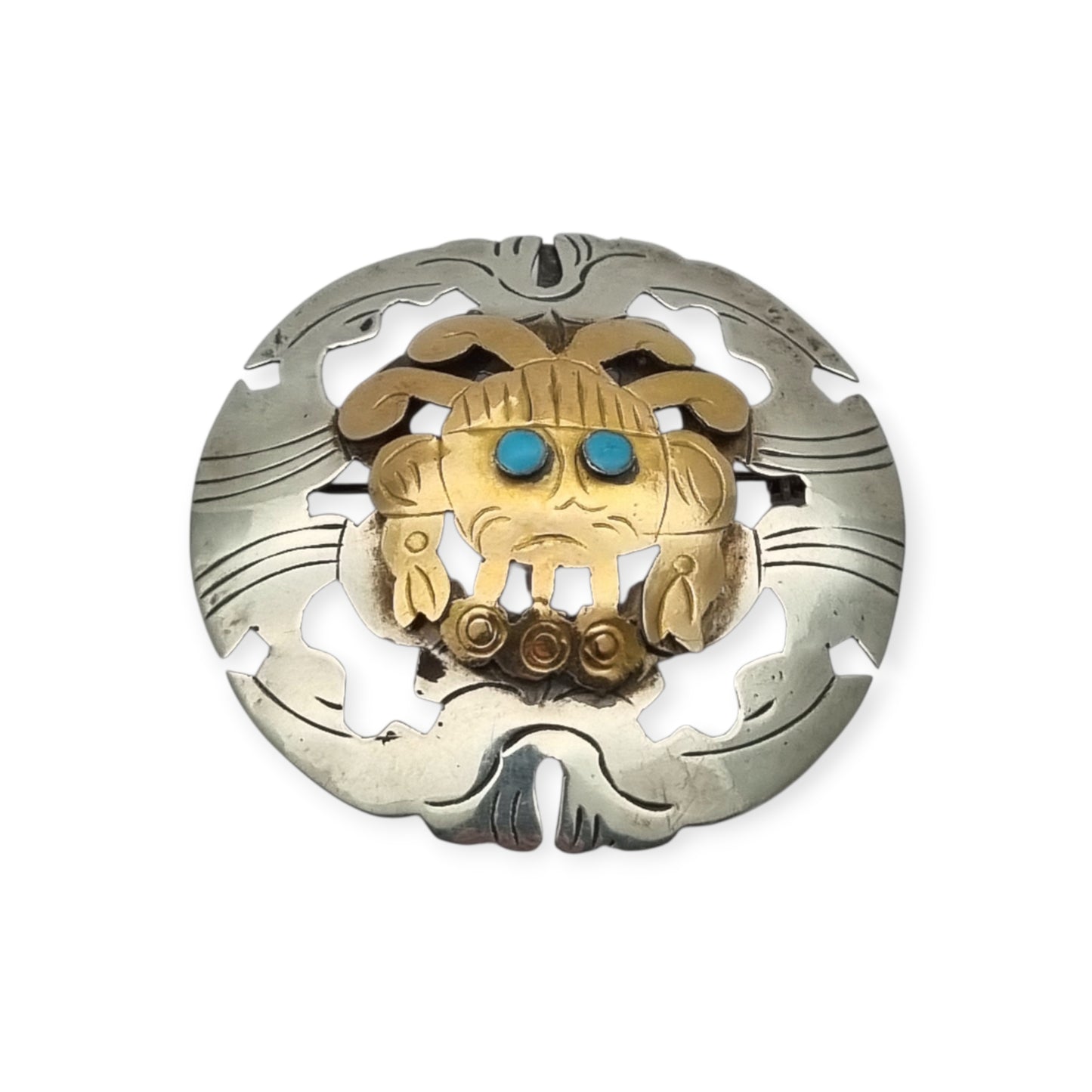 Peruvian 925 silver and 18K gold pendant brooch with pre-Columbian mask and turquoise cabochons, circa 1965–1975