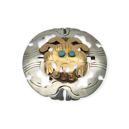 Peruvian 925 silver and 18K gold pendant brooch with pre-Columbian mask and turquoise cabochons, circa 1965–1975