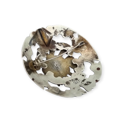 Peruvian 925 silver and 18K gold pendant brooch with pre-Columbian mask and turquoise cabochons, circa 1965–1975