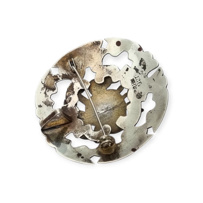 Peruvian 925 silver and 18K gold pendant brooch with pre-Columbian mask and turquoise cabochons, circa 1965–1975