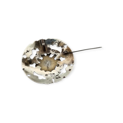 Peruvian 925 silver and 18K gold pendant brooch with pre-Columbian mask and turquoise cabochons, circa 1965–1975