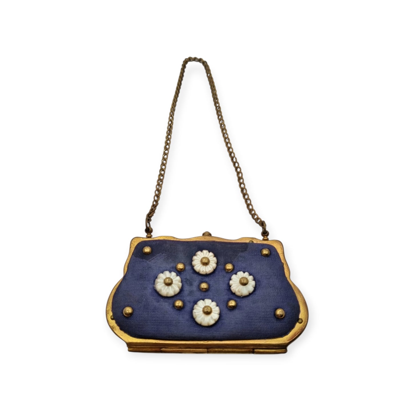 French Art Deco mother-of-pearl floral purse on blue fabric, circa 1925-1935