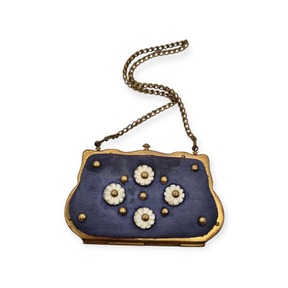 French Art Deco mother-of-pearl floral purse on blue fabric, circa 1925-1935