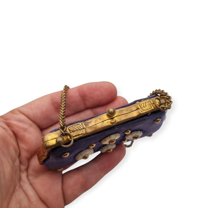 French Art Deco mother-of-pearl floral purse on blue fabric, circa 1925-1935